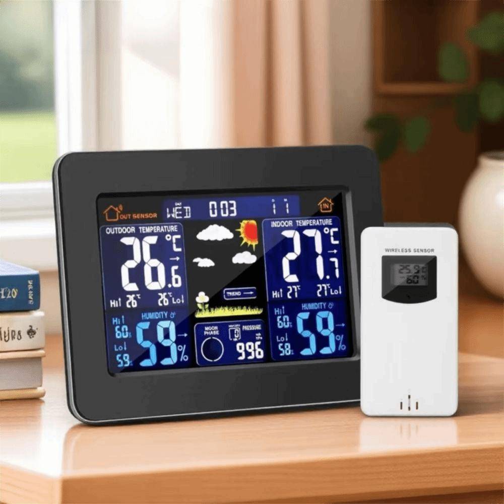 Fjärrsensor Digital Termometer Trådlös Väderprognosklocka Inomhus Utomhus Termometer Bord
