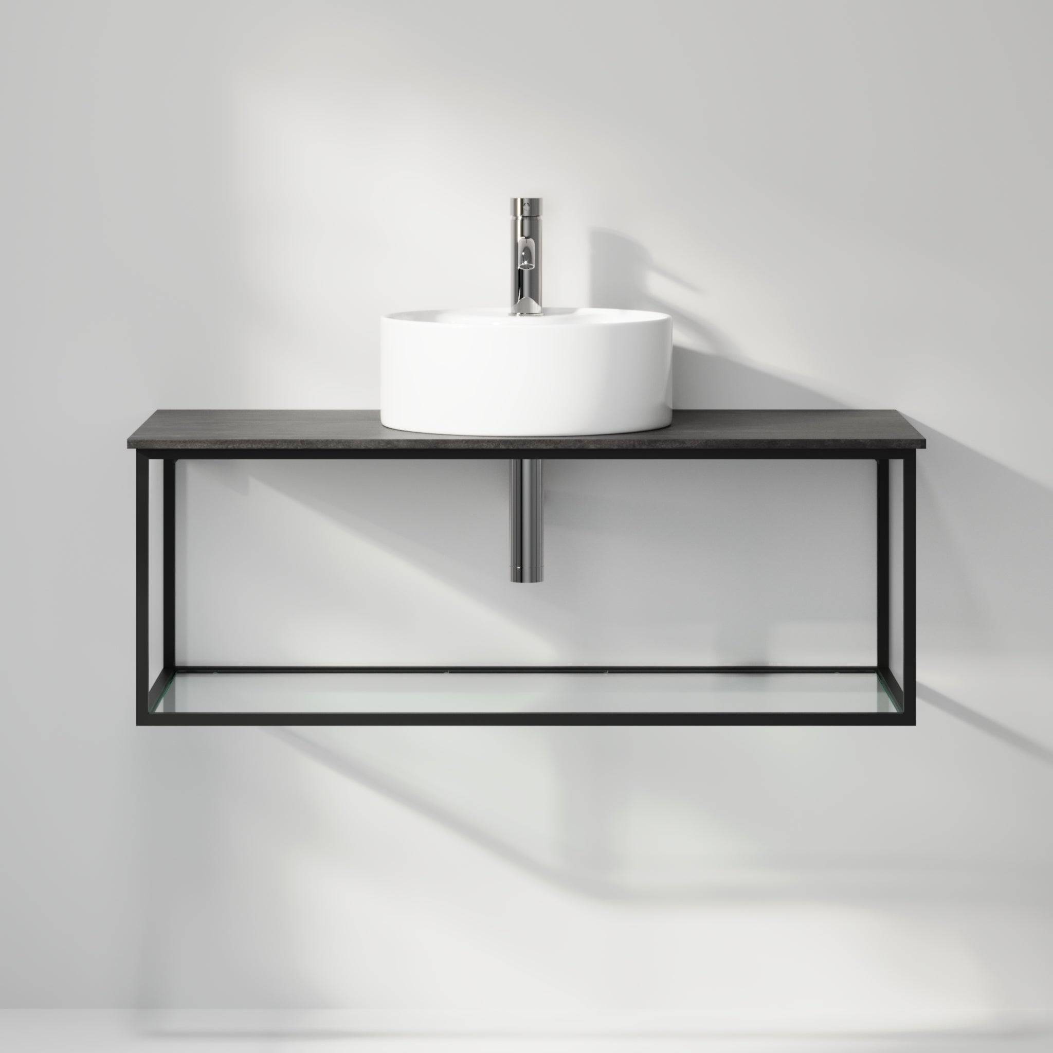 Badrumsmöbel med öppen metallram och botten i härdat glas - 100x46x50 cm - matt svart - vit fristående Porslin tvättställ - Bänkskiva i betonglook - Stenstorp
