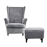 UNBBRRL Wingback stolskydd 2-delat set och ottoman halkskydd, stretch sammet vinge stolskydd fåtölj överdrag tiger stolskydd (grå, vingstol och ottoman)