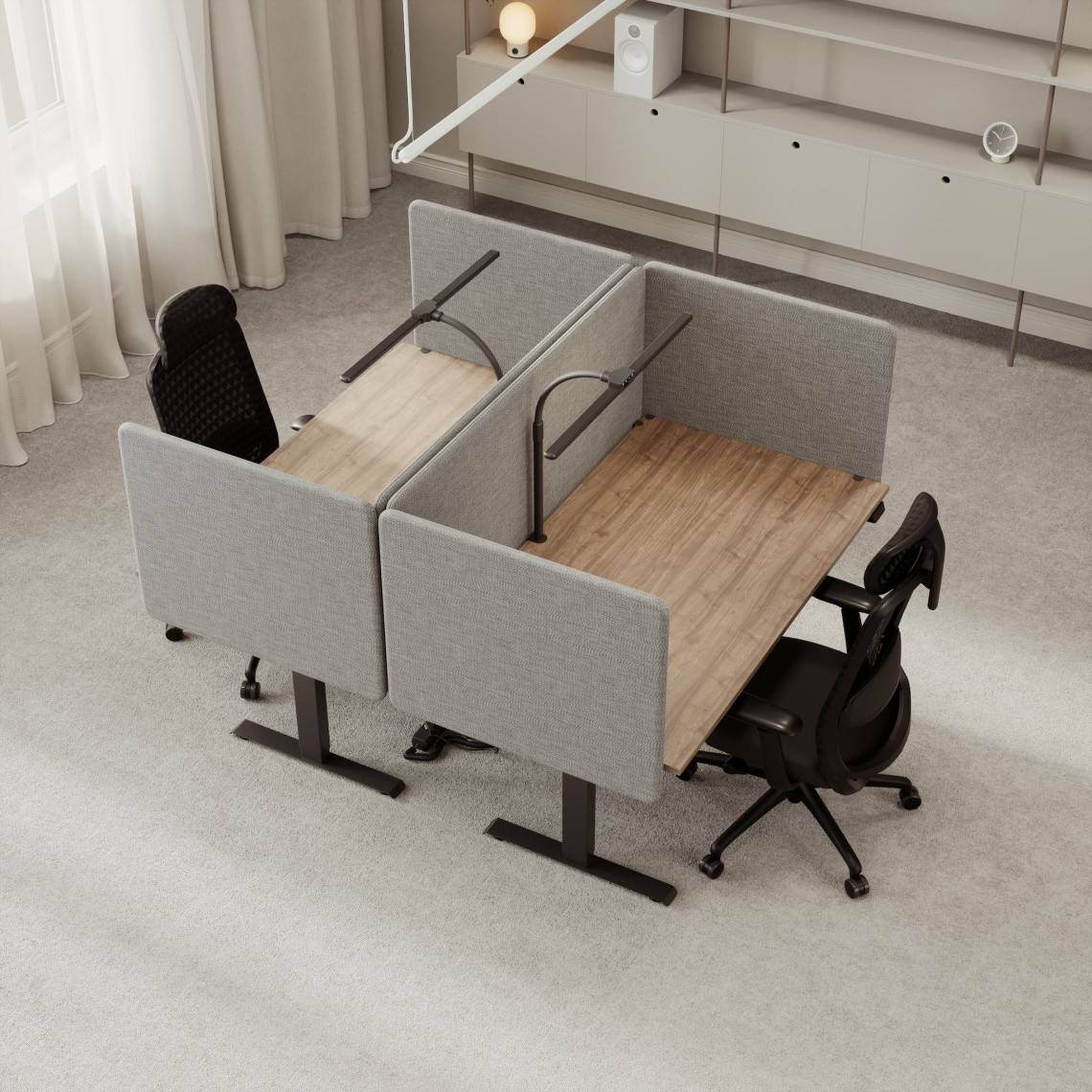 Komplet arbejdsplads, Antal pladser 2, Udseende Walnut/Grey, Bordpladens størrelse 160 x 80 cm, Lampe Ja, Monitorarm Nej, Kabelhåndtering Nej.