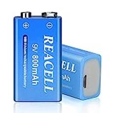 REACELL 2 stycken 9 V blockbatteri batteri 800 mAh USB uppladdningsbart litiumbatteri 1,5 timmar snabbladdning 9 V batteri lämplig för rökdetektorer