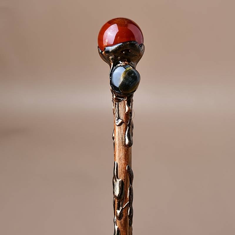 1pc Natural Crystal Ball Wand, Handmade Wooden Magic Wand Witch Cane, Halloween Christmas Cosplay Costume Props, Carnival Party Decoration Photography Props, Stage Performance Additions
