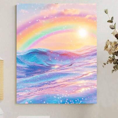DIY-oljemålning efter siffror på duk med regnbågsdrömmig estetik, hav och landskap, glittrande himmel, estetisk väggdekor för vuxna i hemmet, helggåva (40x50 cm,20x30 cm)