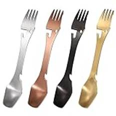 Camping Spork multifunktionell gaffelsked 5 i 1 rostfritt stål gaffel kniv burköppnare kombo camping bestick för picknick resor vandring 4 stycken