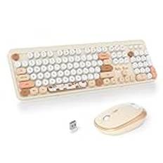 SOLIDEE Trådlöst tangentbord och muskombo,104 tangenter Retro skrivmaskins-tangentbord,2.4GHz Färgglada rundtangenters tangentbord med nummerplatta(US Layout QWERTY)(Bear Beige)