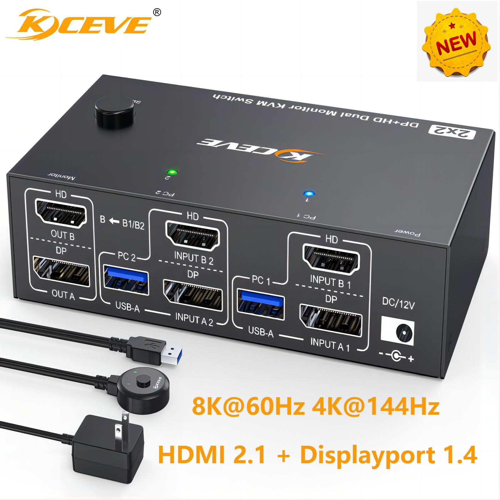 4K@144Hz KVM Switch 2 Monitors 2 Computers 8K@60Hz,HDMI +Displayport Dual Monitor with 4 USB 3.0 Port for Keyboard Mouse Printer