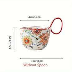 TEMU Bohemian Floral Ceramic Coffee Cup – Microwave Safe, Oval-shaped With Vibrant Red And Blue , Afternoon Tea, Desserts, Or Ice Cream, Single Cup (no Spoon Included), Coffee Mug