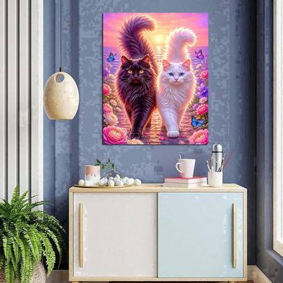 2 katter vit och svart diamantkonstset för vuxna, 5D diamantmålarsats för nybörjare, DIY full rund borr pärlkonst diamantprickset för väggdekor i hemm (30*40,40*50)