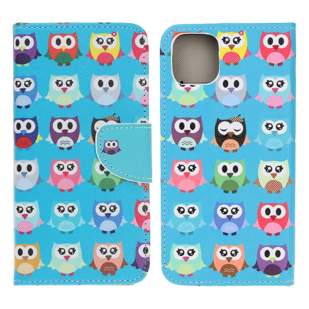 iPhone 13 mini - Läderfodral / plånbok - Tryckt design - Söta ugglor