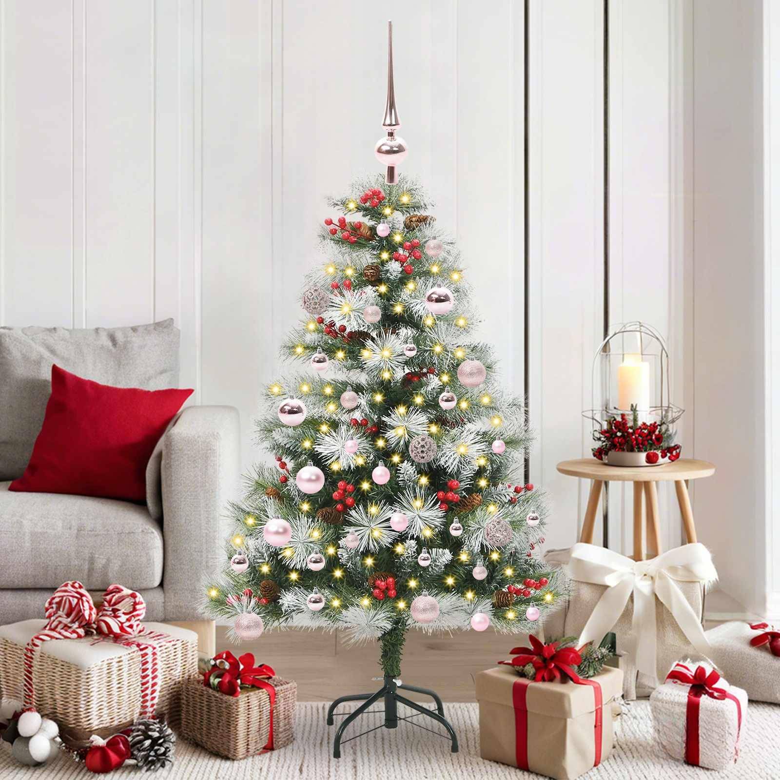 Kunstigt juletræ 150 cm - grøn/hvid med LED-lyskæde, PVC på metalstativ