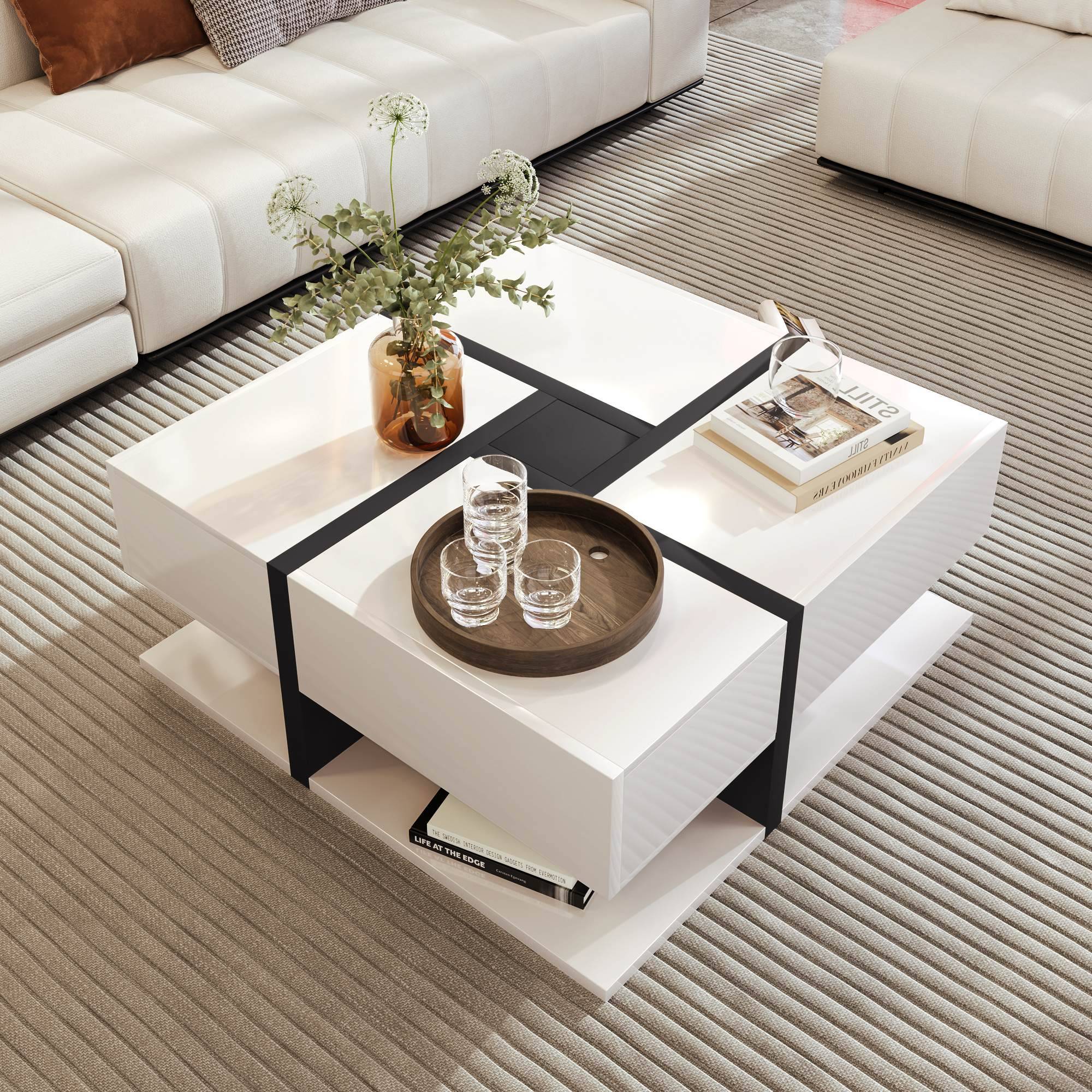 White Coffee Table with 4 Drawers and Bottom Open Storage Space, Living Room Table with Unique Pattern for Sofa Side, 78x78x36 cm, White Aosom.UK