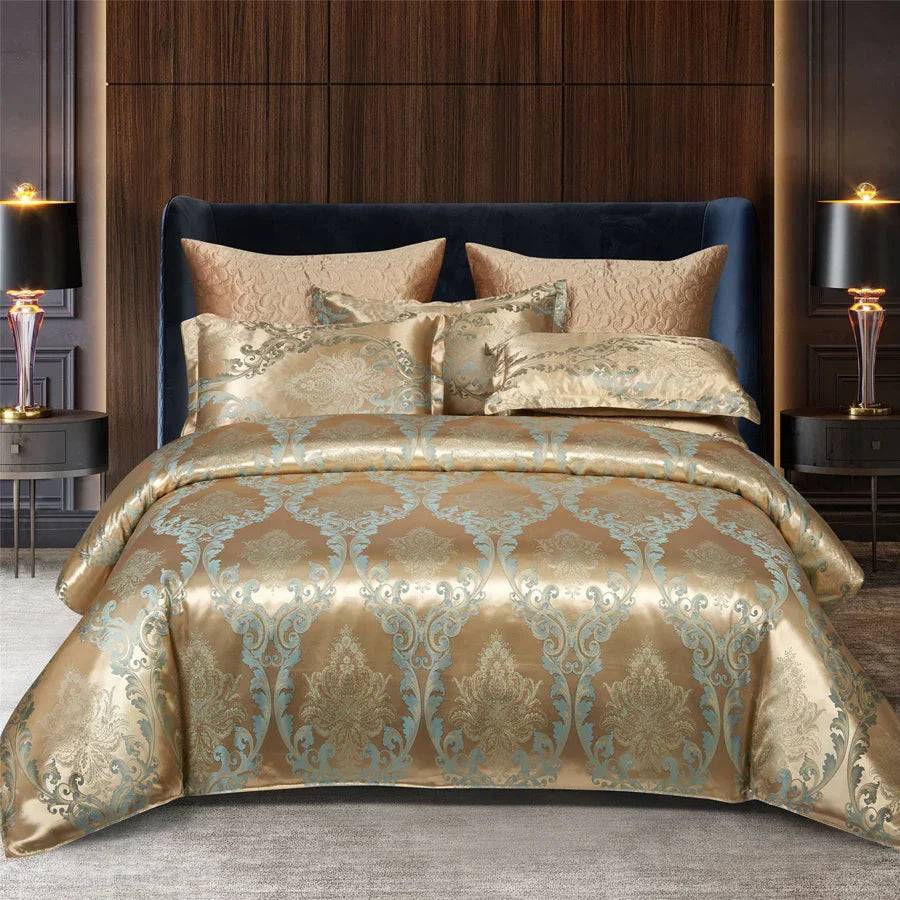 Lyxigt Satäng Rayon Jacquard Påslakan i Guld & Blått - 1 / 2 kuddöverdrag 48x74cm