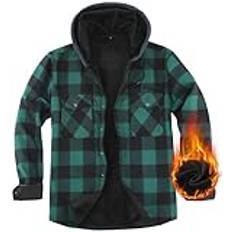 Rutig flanellskjorta för män, skjortjacka herr flanell fleecejacka långärmad termoskjorta fodrad rutig jacka, casual button down fritidsskjorta varm vinterjacka med bröstficka, Grön/svart (med huva),