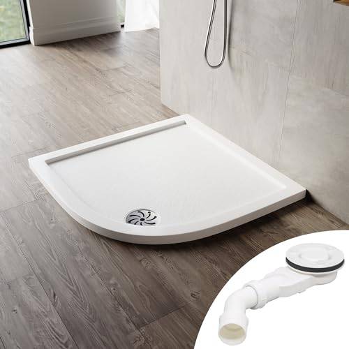 SONNI 80 x 80 x 4 cm oval duschkar – låg profil duschkar med 550 mm radie, extra platt, SMC, inklusive avloppssats