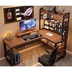 L Shape Desk Solid Wood Writing Desk Modern Computer Desk Bedroom Home Desktop Desk Bookshelf Integrated Desk With Storage Space Shelf Gaming Desk Corner Office Desk - Without Chairs(Walnut-right,140x