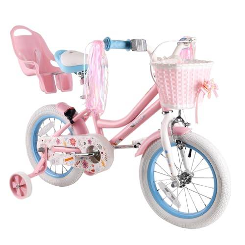 RULLY 18" Daisy-cykel för 5–9 år gamla flickor, 18" barncykel med stödhjul, stativ och korg, rosa