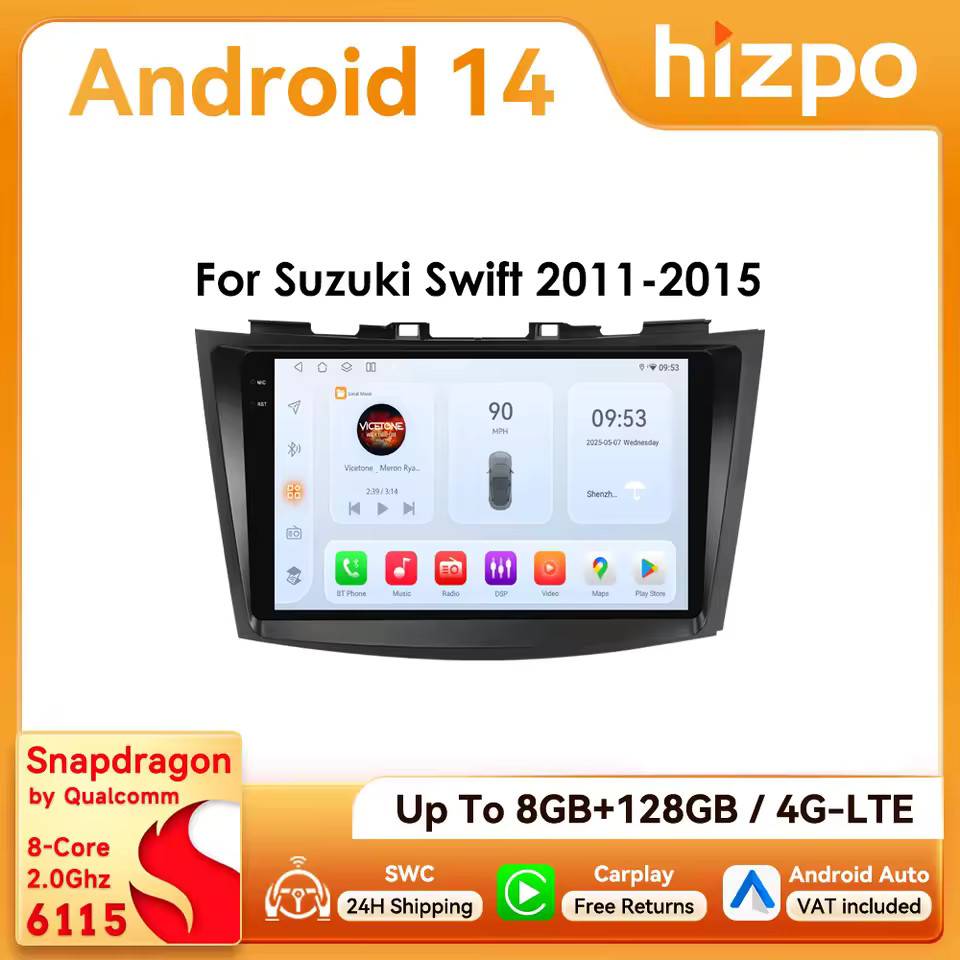 Hizpo 2Din 9inch Android Car Radio for Suzuki Swift 4 2011-2015 Snapdragon 6115 GPS RDS DSP 4G Bluetooth CarPlay Android Auto SWC 360°CAM