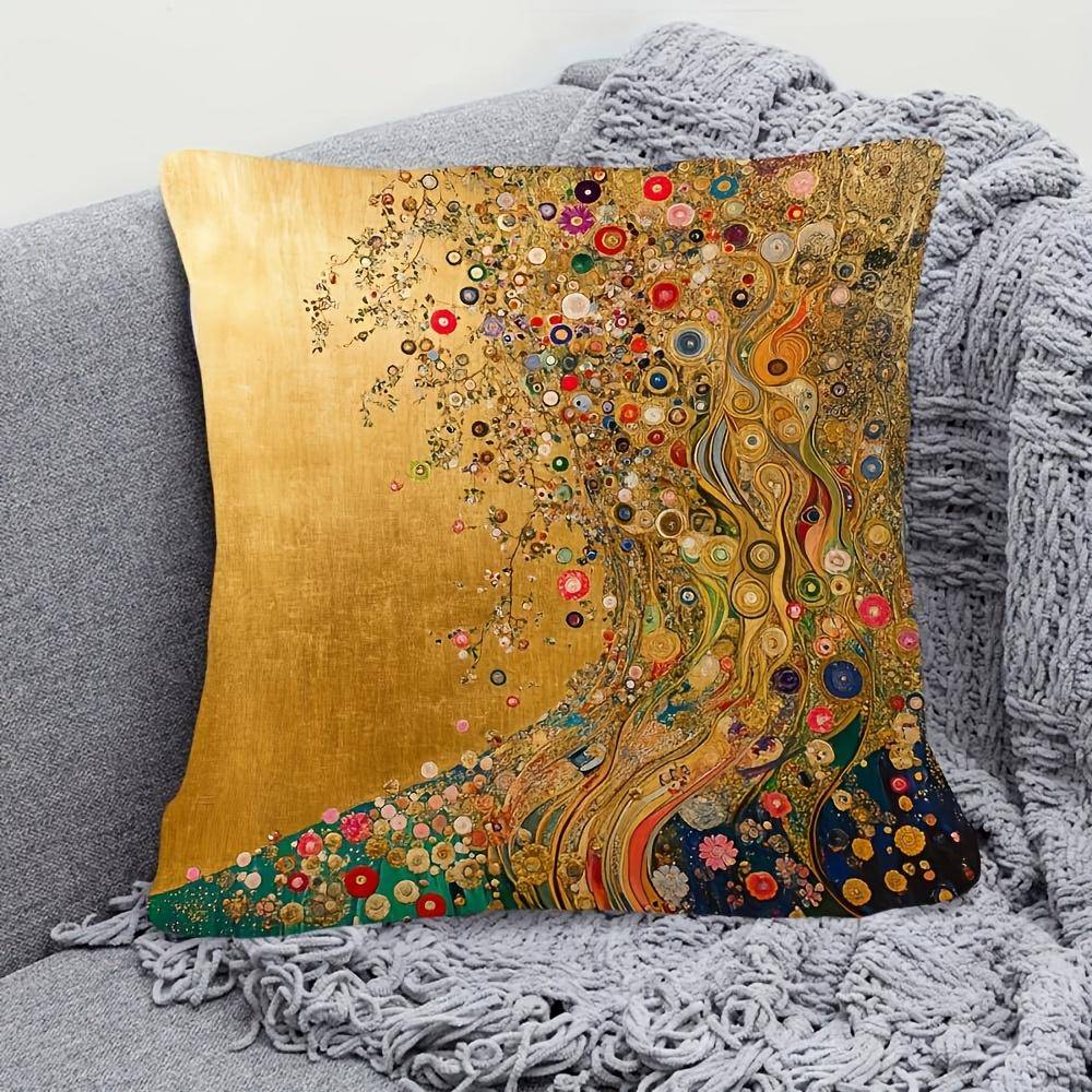 PC D Platt Kudde Ingår Ej Gyllene Livets Träd Klimt-stil Konst Kuddfodral Plysch Elegant Soffa Dekor Samlarlåda