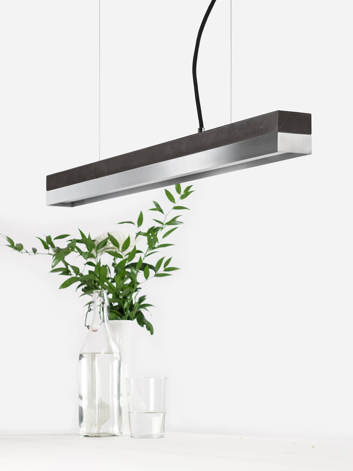 Langbordspendel i beton og rustfri stål Mørk beton W92cm x H7cm x D7cm Varm hvid (2700K)