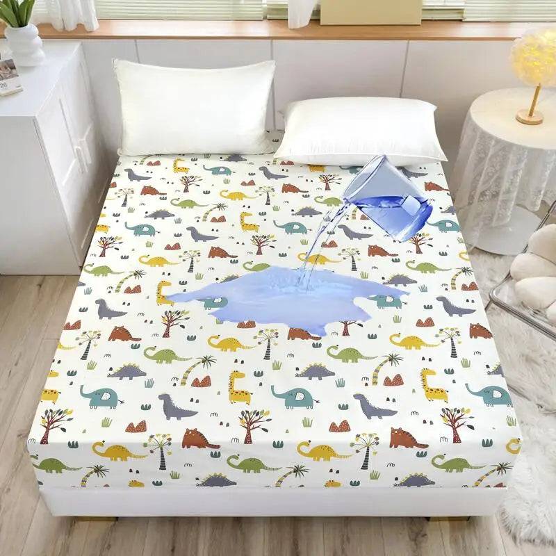 Kuup-Polyester 360° waterproof Cartoon Fitted Sheet Only(no pillowcase) Elastic Band Around Mattress Cover King Size Bed Cover - W1s bai kong long / 120x200cm