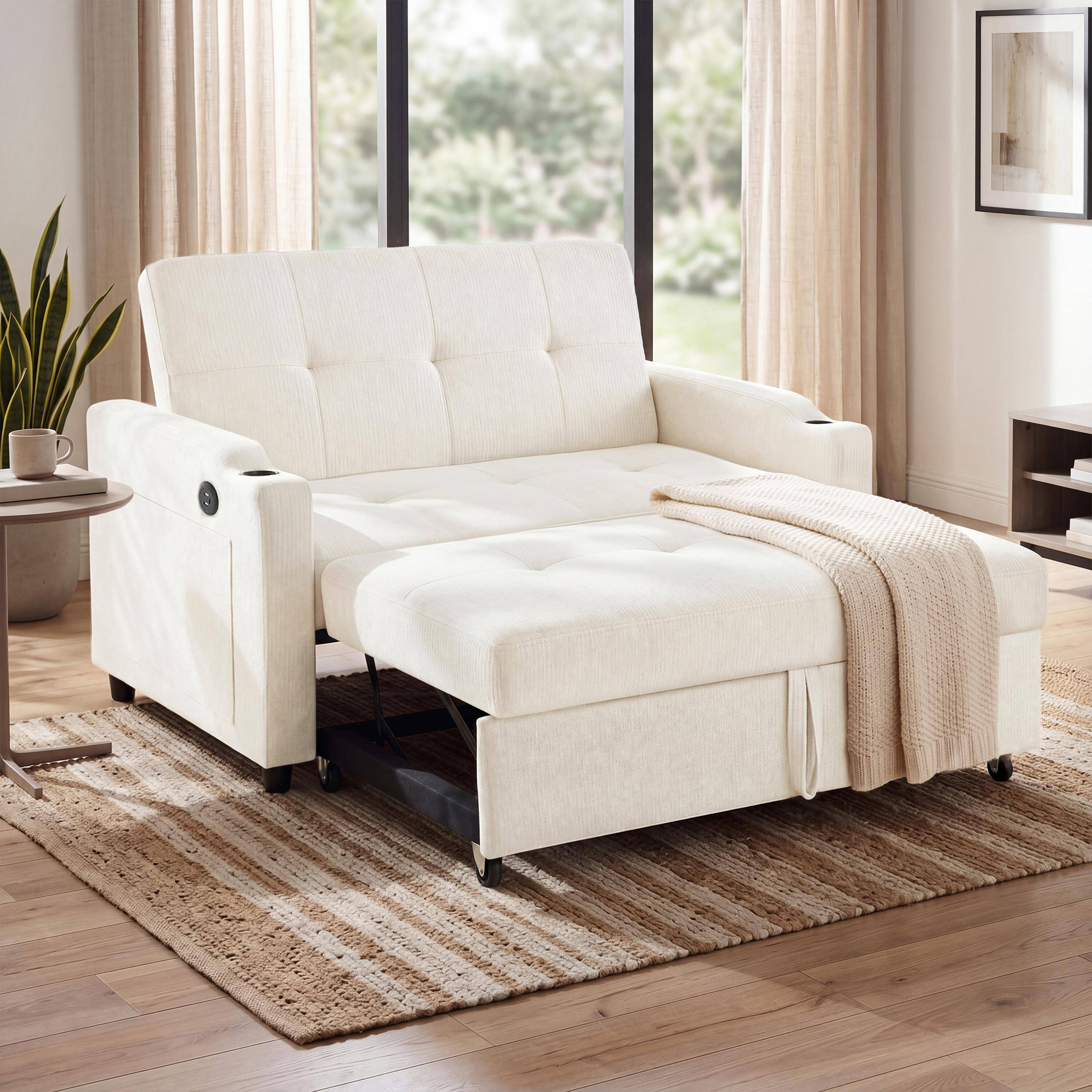 Convertible Sofa Bed with Adjustable Backrest, Functional Sleeper with USB & Type-C Charging, 135L x 173W x 58H cm, Off White Aosom UK