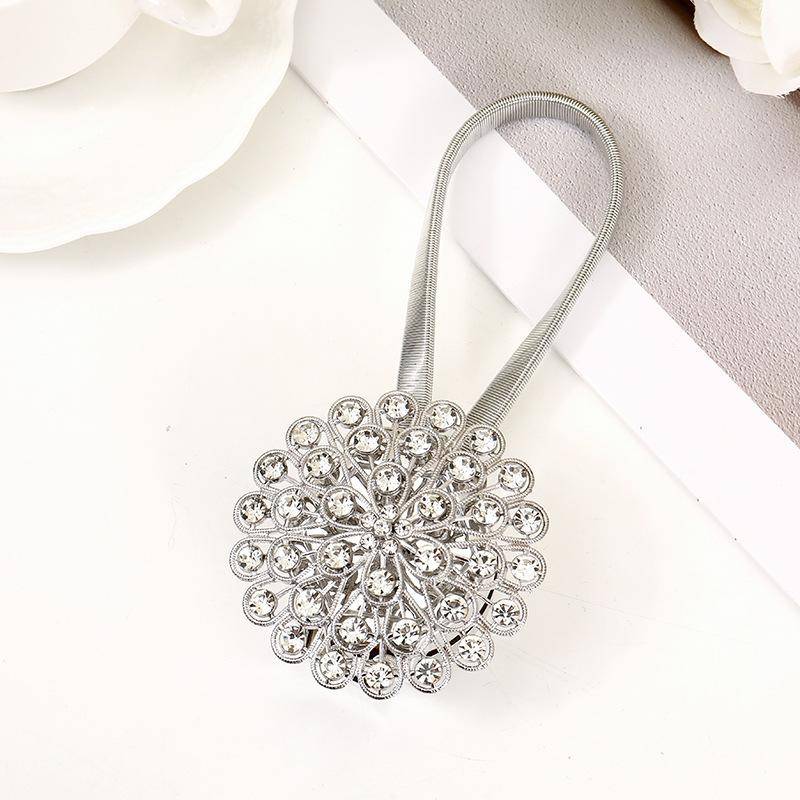 1pcs No-Drill Magnetic Curtain Brackets with Rhinestone Flower - Metal Window Hooks, Magnetic Closure Suitable for Blinds & Drapes for Home silver