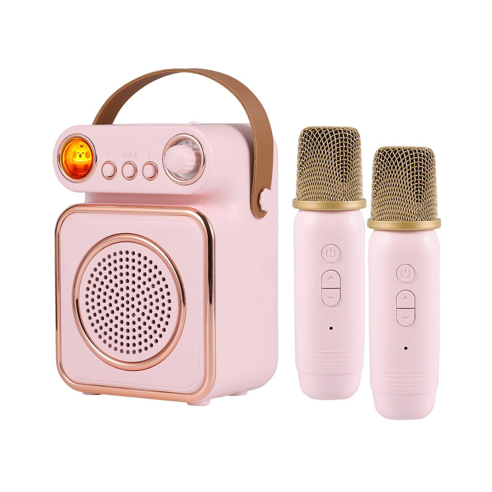 Mini Karaoke Machine Trådlös Mikrofon och Högtalare Set med 2 Mikrofoner Uppladdningsbar LED Färg rosa