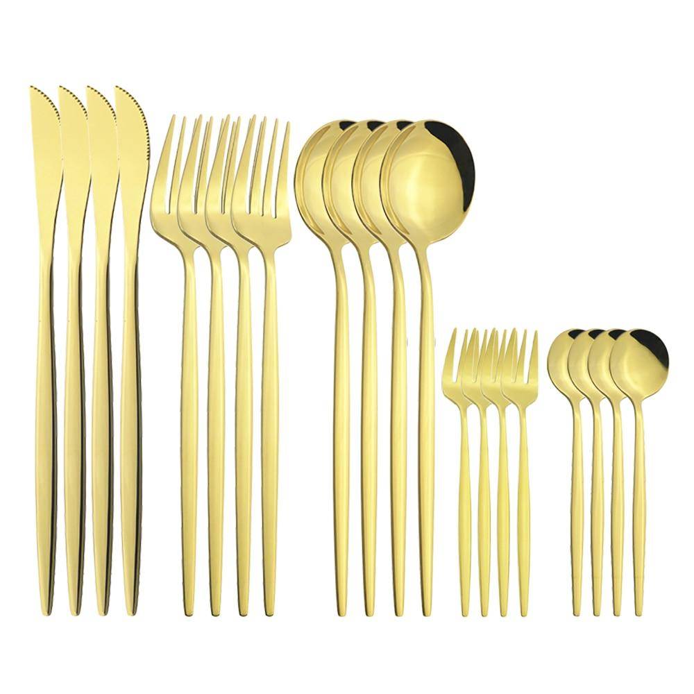 Spegel Guld Bestickset Knivar Tårta Fruktgafflar Kaffesked Middag Silverservis Bestick Rostfritt Stål Bestick Set