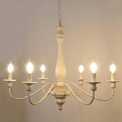 LynPon Bondgård i trä ljuskrona nödställd vit fransk lantlig industriell lampa tak 6 ljus vintage rustik retro hängande belysning för matsal vardagsrum sovrum