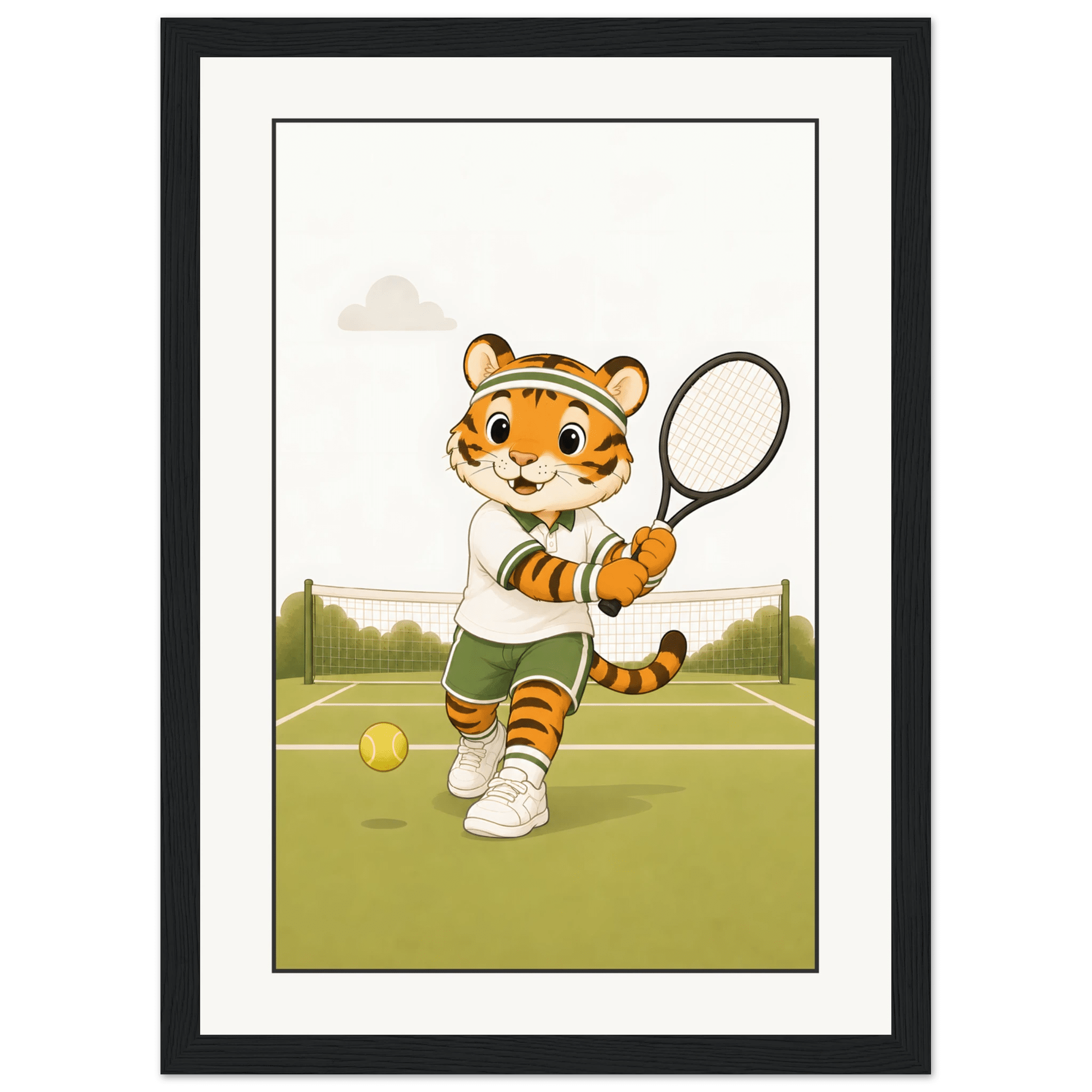 Tiger spelar tennis-21x29.7 cm / 8x12" / Med ram / Svart