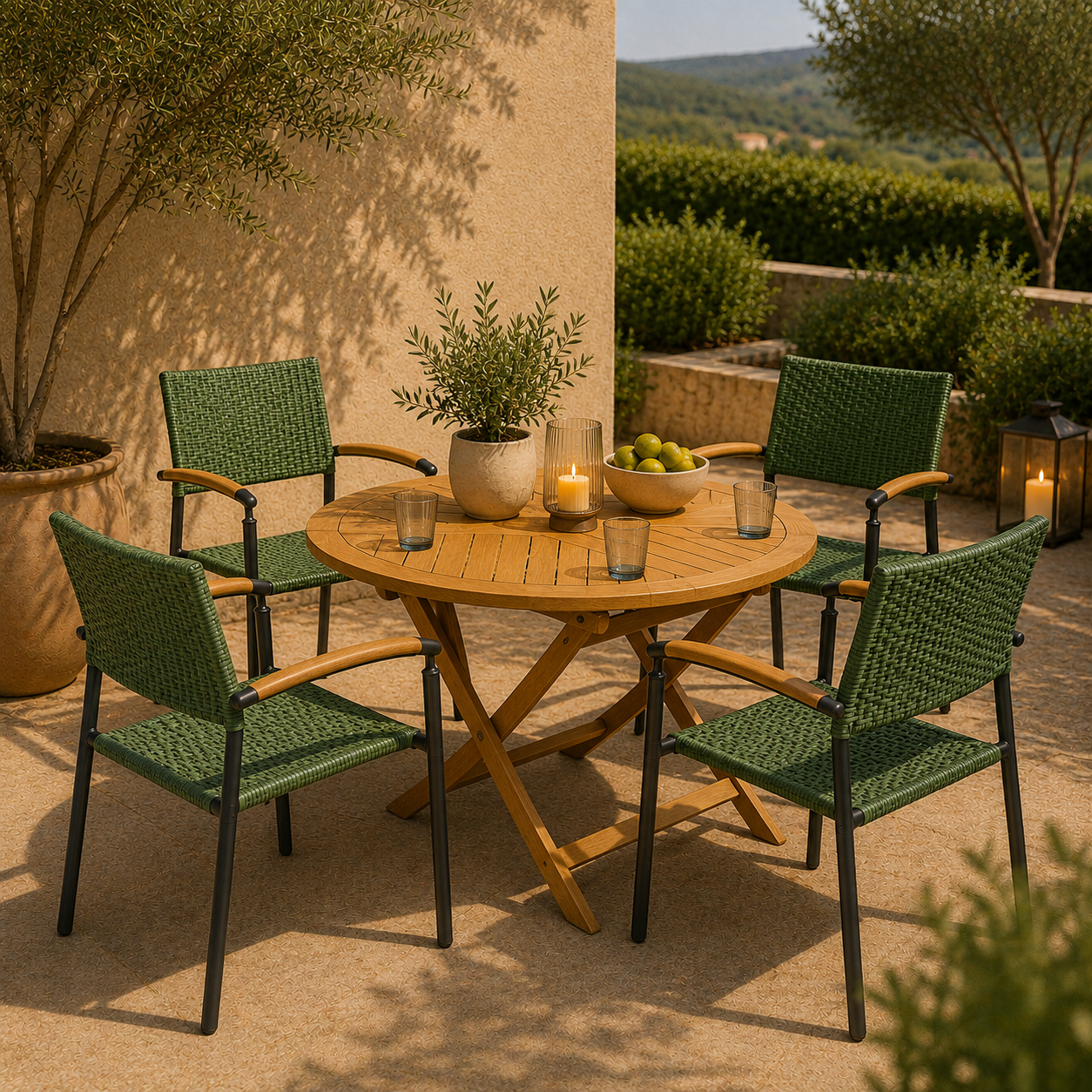 Era Havemøbelsæt Rundt Teakbord Ø110 cm & 4 Stabelstole i Polyrattan