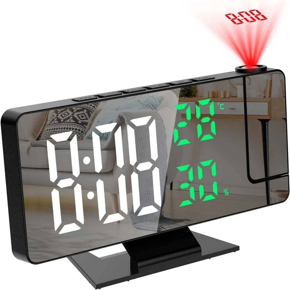 180° Rotation Projection Digital Alarm Clock Temperature Humidity Night Mode Snooze 12/24H USB Powered Projector Table LED Clock