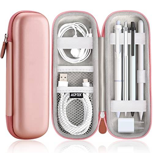 AGPTEK Apple Pencil Case hårt fodral hållbart prime PU-läder skyddande pennväska kompatibel med Apple iPad Pro/Samsung/Huawei/Surface Pro Stylus(integrerad ficka stöd)- roséguld