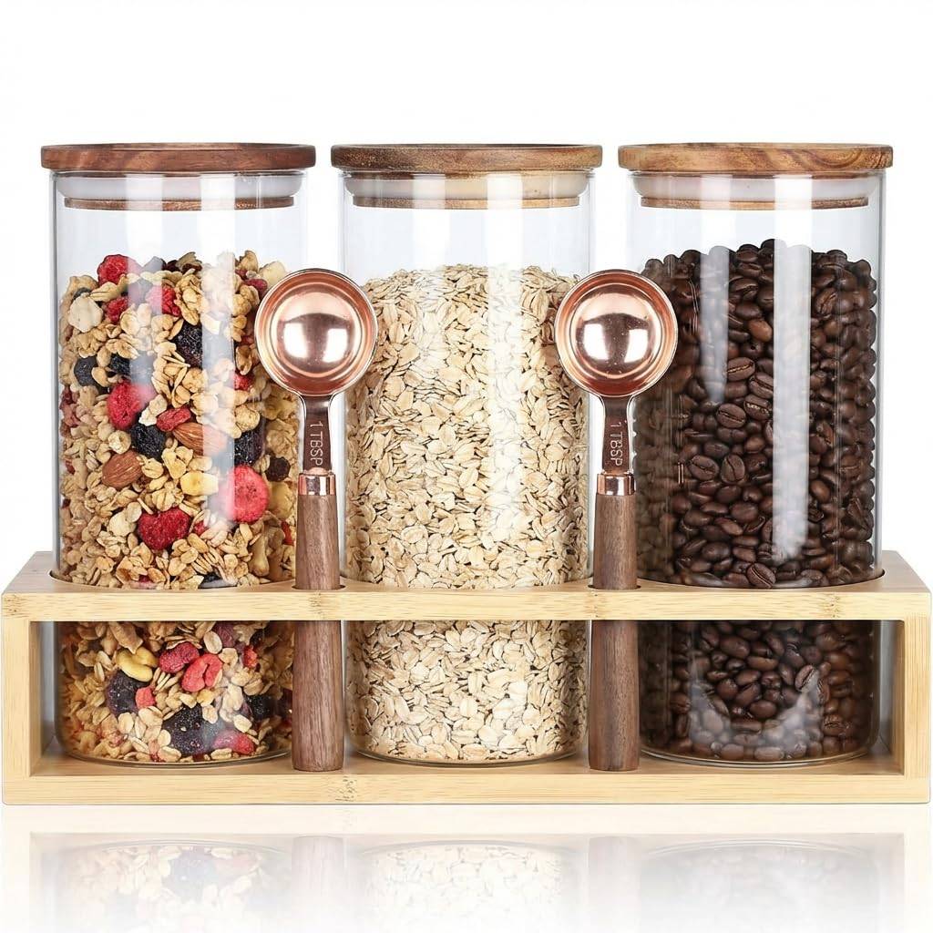 Airtight Glass Canisters with Wooden Lids of Perfect for Food Kitchen Coffee and Tea Dried and Scandinavian Design (Set 3, 1150ml) - Storage, Storage,