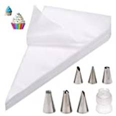 KowyKo engångssprutpåse, spritpåse set 100 stycken piping bags + 6 spritstyllar + 1 tårtkoppling för spritstyllar, baktillbehörtårtdekoration set för cupcakes