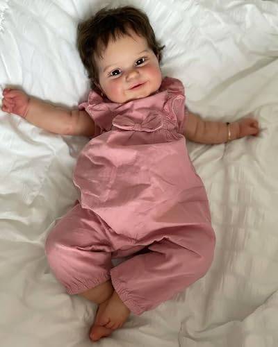 MineeQu 24 tum 60 CM Naturligt sött leende Enorm storlek Soft Touch Gosig kropp Reborn Baby Dolls Presentset med rotat brunt hår Realistiska nyfödda småbarnsdockor som ser riktiga ut, för alltid din älskade