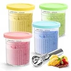 AROMUJOY Glassburkar med lock, set om 4 Creami-behållare, glasbehållare, glassbehållare kompatibel med Ninja Creami glassmaskiner i serien NC500 NC500C, NC501, NC501C (blå, rosa, grön, gul)