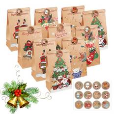 Notwoe® 12 stycken presentpåsar jul, personliga julpåsar, presentpåsar med julpingvin, papperspåsar jul för födelsedagsgodis, fester, bröllop, marknader. (Brown-C12)