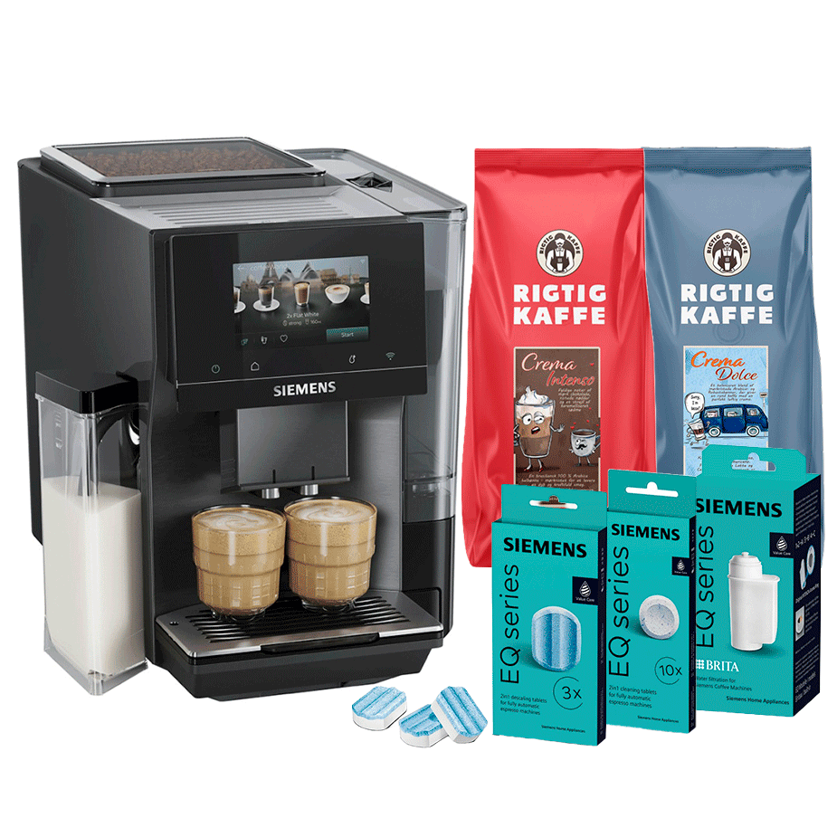 Siemens TQ727E05 EQ700 Mørk Rustfrit Stål Espressomaskine Inkl. Plejepakke & 2x1kg Rigtig Kaffe Hele Kaffebønner