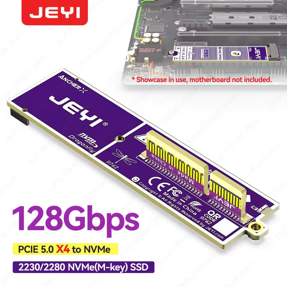 JEYI Flat PCIe 5.0 X4 to NVMe Adapter Card 32Gbps No GPU Obstruction Support M2 2230/2280 NVMe SSD for PCIe X16/X8/X4 Slot