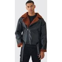 Mens Boxy PU Borg Trim Aviator Jacket In Black