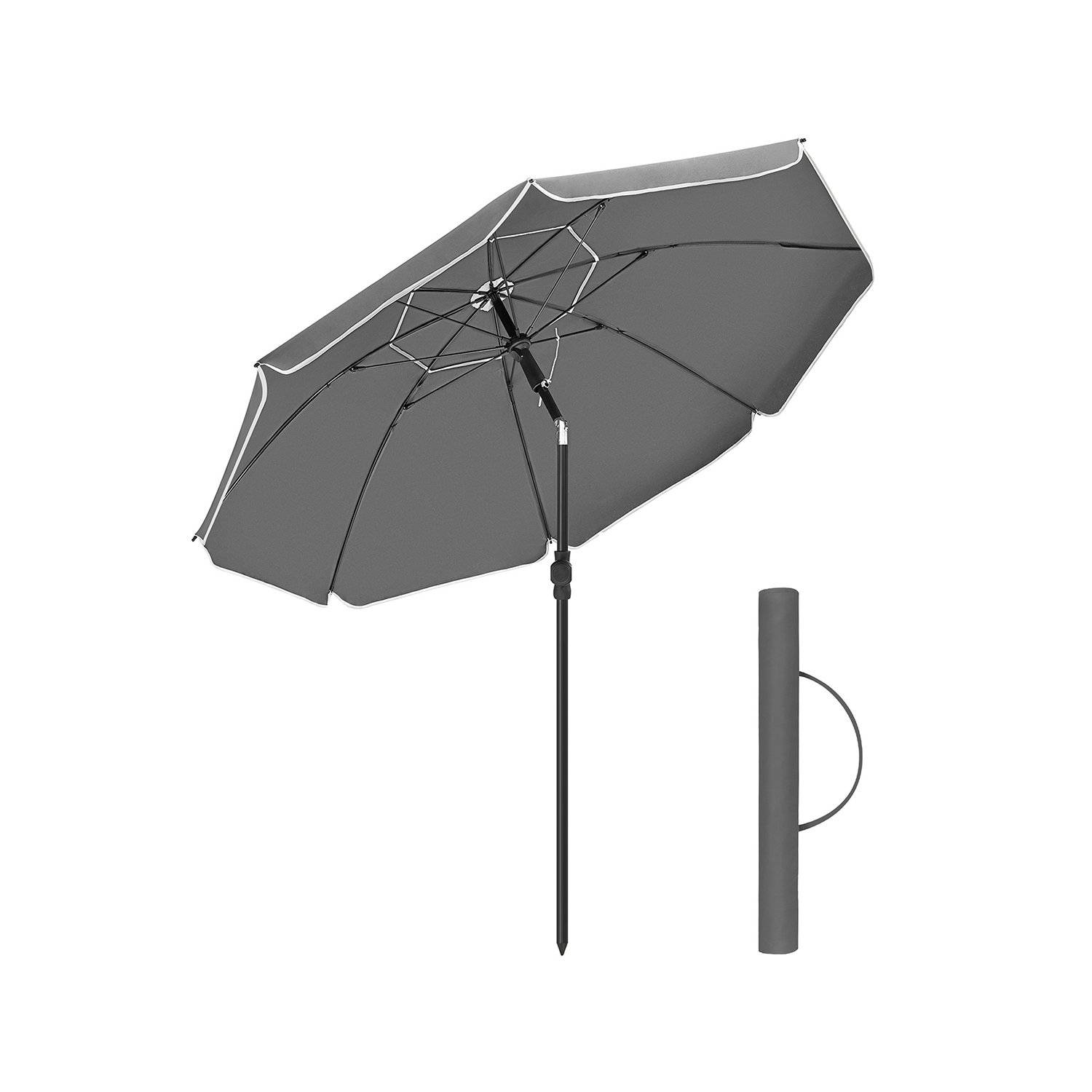 1,6 m parasol, strandparasol, bærbar polyesterbaldakin, glasfiberribber, grå.