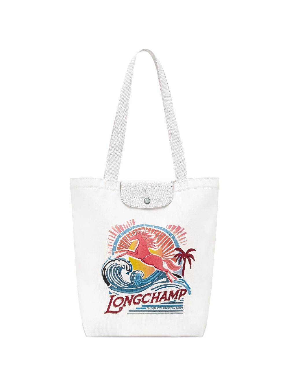 Longchamp - M Le Pliage totebag med grafiskt tryck - dam - bomull/polyester/bovineläder - OS - Vit