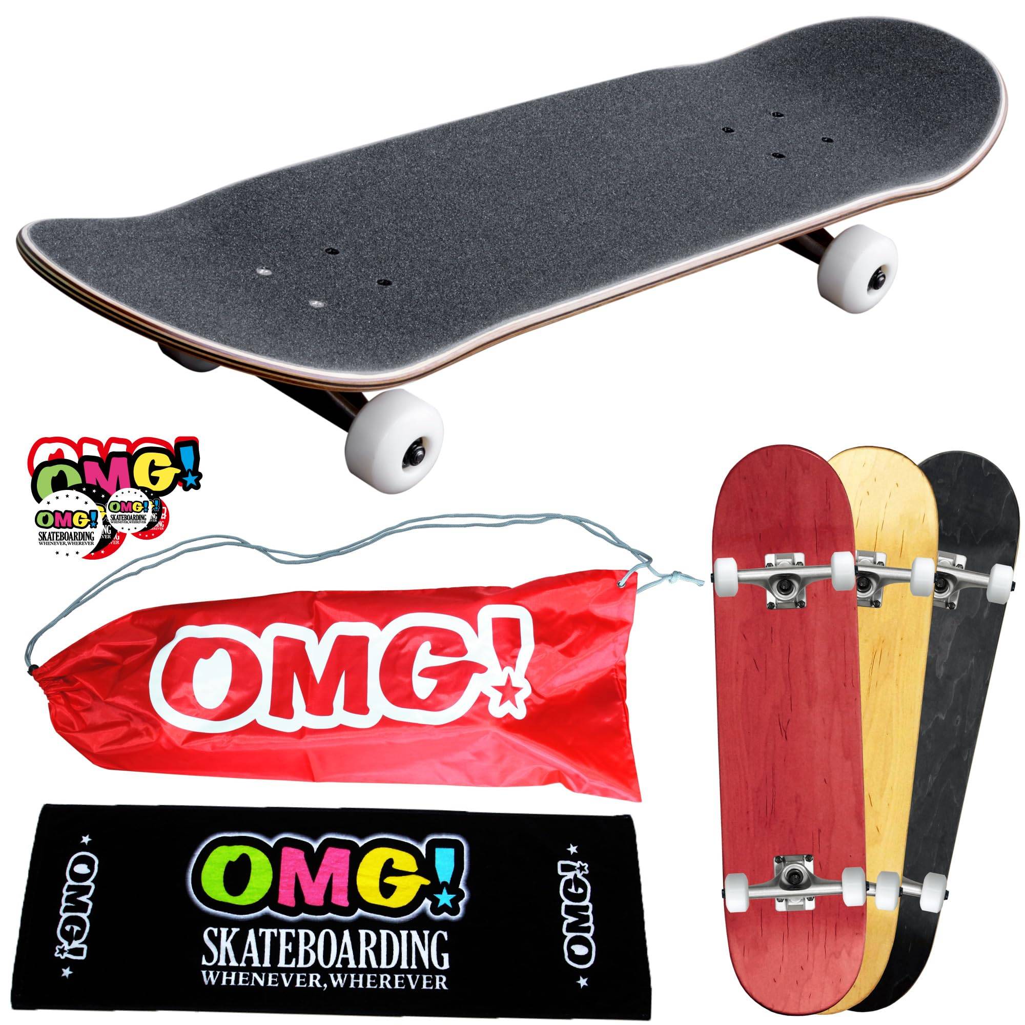 Complete Skateboard with Canadian Maple Blank Solid 100A 52mm Black and Black Spinning Wheels for Kids OMG! Deck, 7.5 Natural, Color, Wheels,