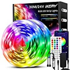 30M/100ft IKERY LED-remsa Bluetooth, Smart RGB 12V LED Strip Styrbar via app, Music Sync Dimbar LED-strip Ljusremsa Självhäftande för rum, sovrum, Bar, Festival (15m * 2)