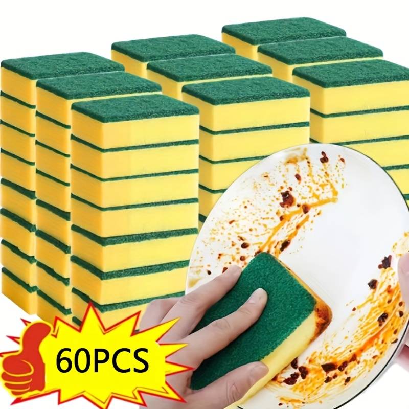 TEMU 60-pack Double-sided Cleaning Dish Sponges, Rust Scrubber For Pots And Pans, Kitchen Grease Cleaner, Household Cleaning Tools