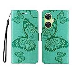 JZ 3D Fjäril Fall för One Plus Nord CE 3 Lite 5G Protective Kickstand Phone Case Cover Med kortplatser [magnetisk & handledsrem] -Green