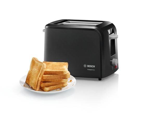 Bosch CompactClass Brødrister TAT3A013 Effekt 980 W, Antal pladser 2, Husmateriale Plast, Sort/Lysegrå