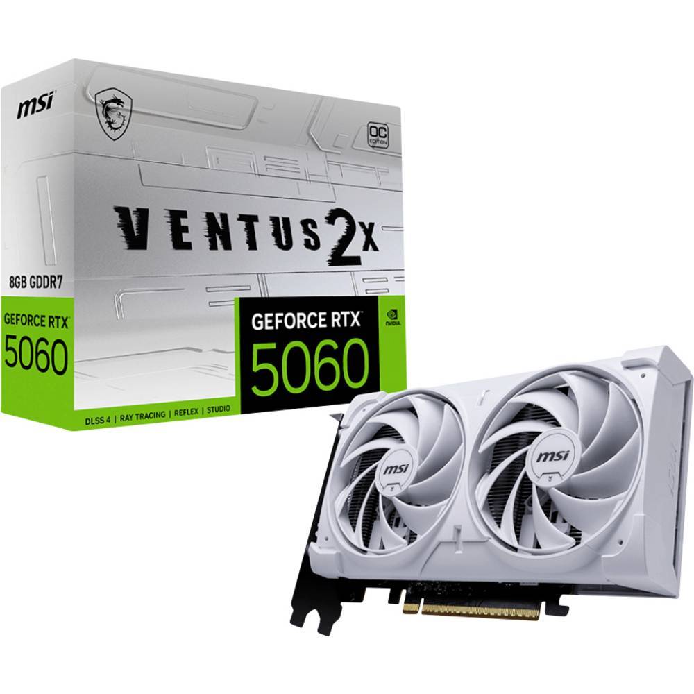 MSI Grafikkort Nvidia GeForce RTX 5060 8G Ventus 2X OC White 8 GB GDDR7 RAM PCIe x16 HDMI, DisplayPort Överklockad, Zero-Fan-läge , NVIDIA G-Sync , Vulkan