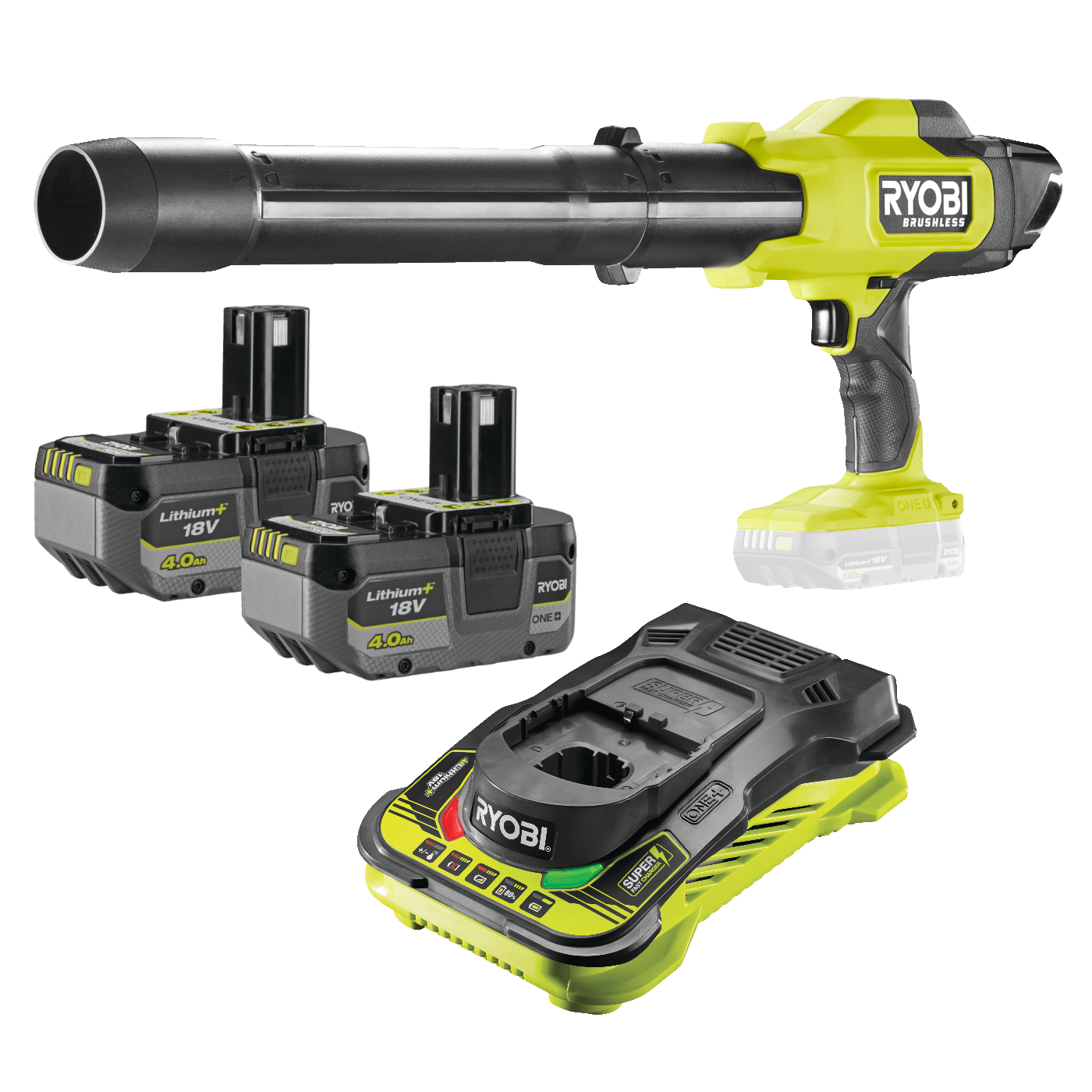 Ryobi RY18BLCXA ONE+ 18V Kulfri Compact Løvblæser med 2 stk. 4,0Ah batteri og hurtiglader
